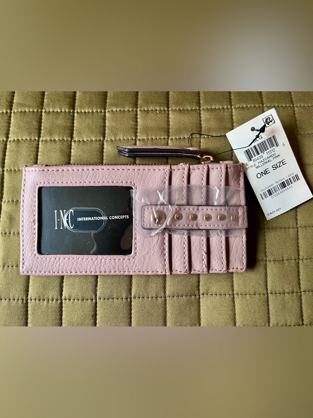 INC Millennial Pink Studded Faux Leather Card Case Wallet -Zip and ID Window NWT